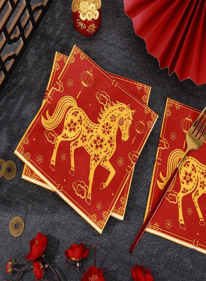 Whaline 80 Pcs Chinese New Year Luncheon Napkins Disposable Paper Napkin Decorative Chinoiserie Red Gold Horse Dessert Dinner Hand Napkin for Spring Festival Lunar New Year Party Supplies Table Decor - Image 3